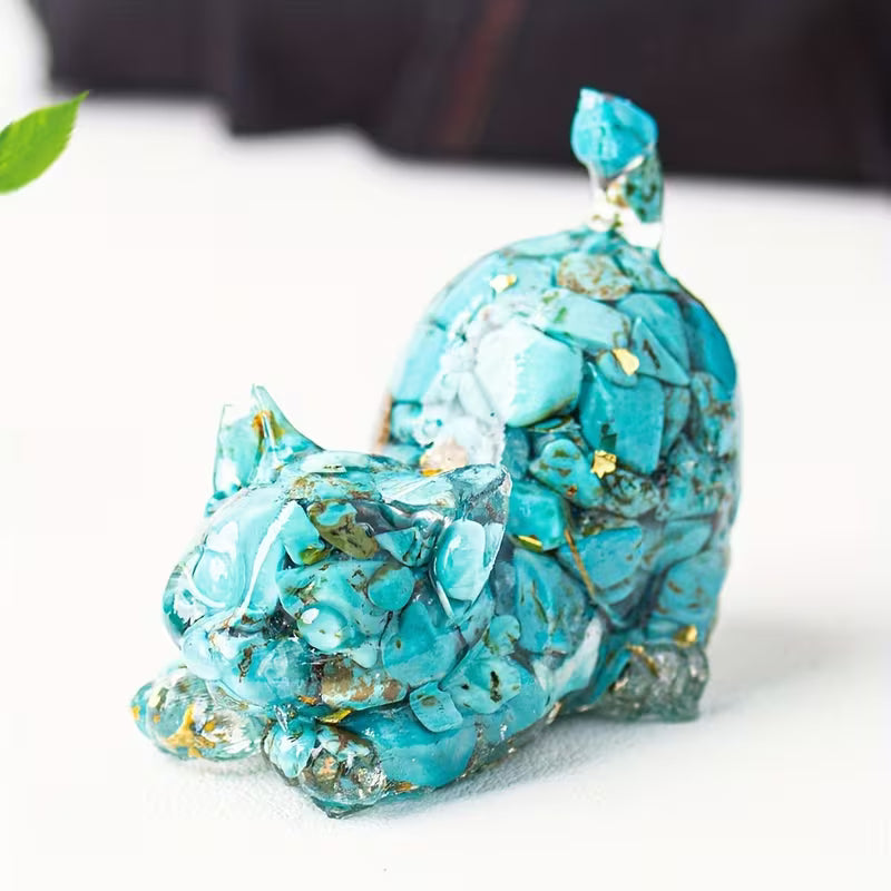 Chat Enjoué en Résine & Turquoise