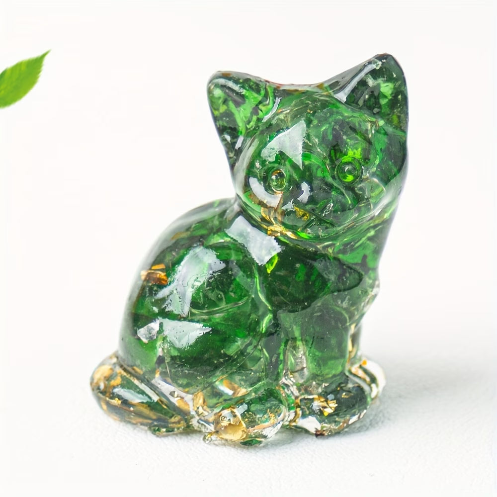 Chaton Assis en Résine & Crystal Vert
