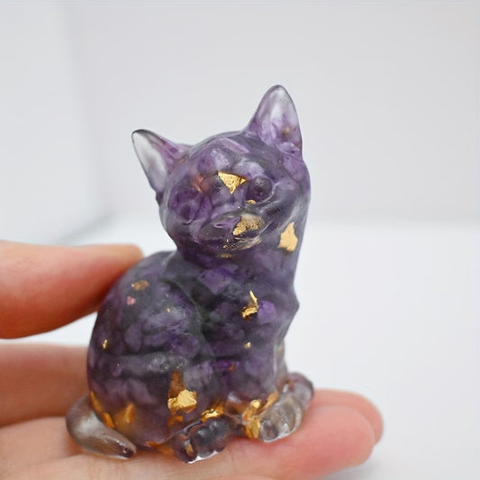 Chat Assis en Résine & Améthyste | Grand