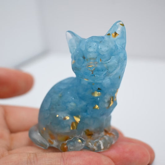Chat Assis en Résine & Aquamarine | Grand