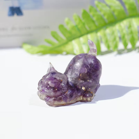 Chat Couché en Résine & Améthyste