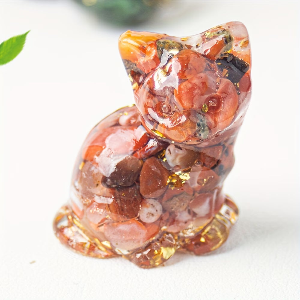 Chaton Assis en Résine & Agate Rouge