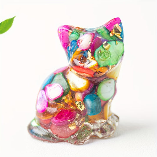 Chaton Assis en Résine & Arc-en-ciel