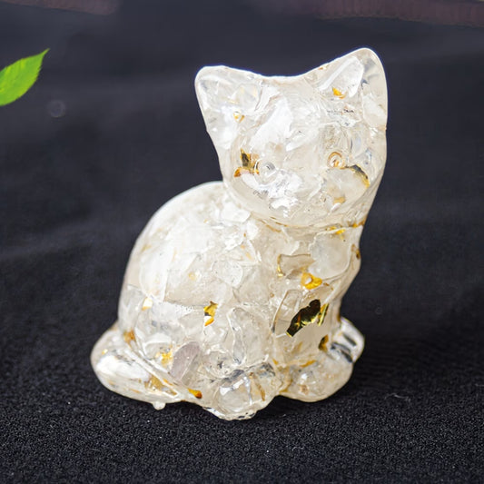 Chaton Assis en Résine & Quartz Blanc