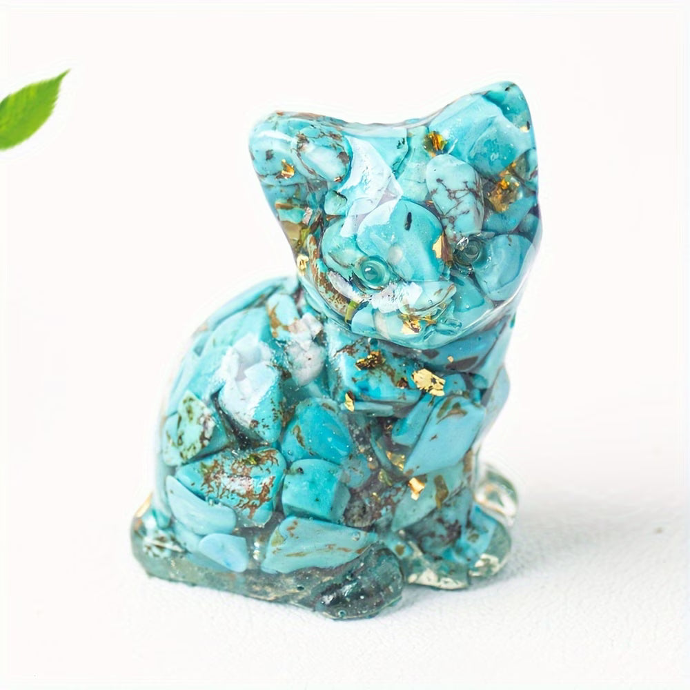 Chaton Assis en Résine & Turquoise