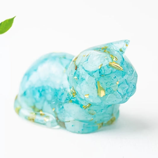 Chaton Couché en Résine & Fluorite Turquoise