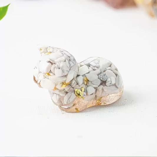 Chaton Couché en Résine & Howlite