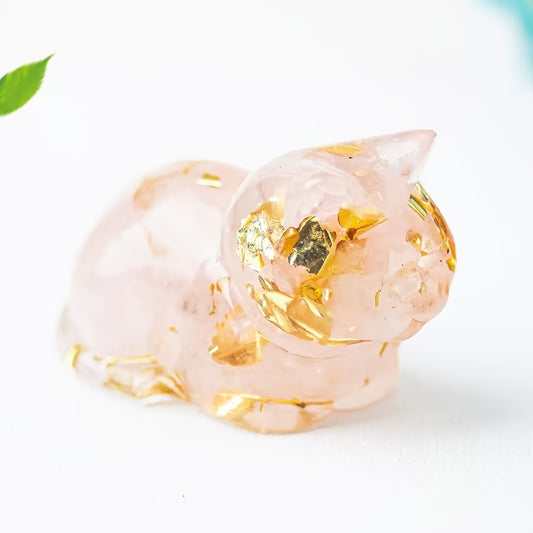 Chaton Couché en Résine & Quartz Rose