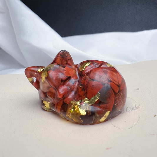 Chaton Endormi en Résine & Jaspe Rouge