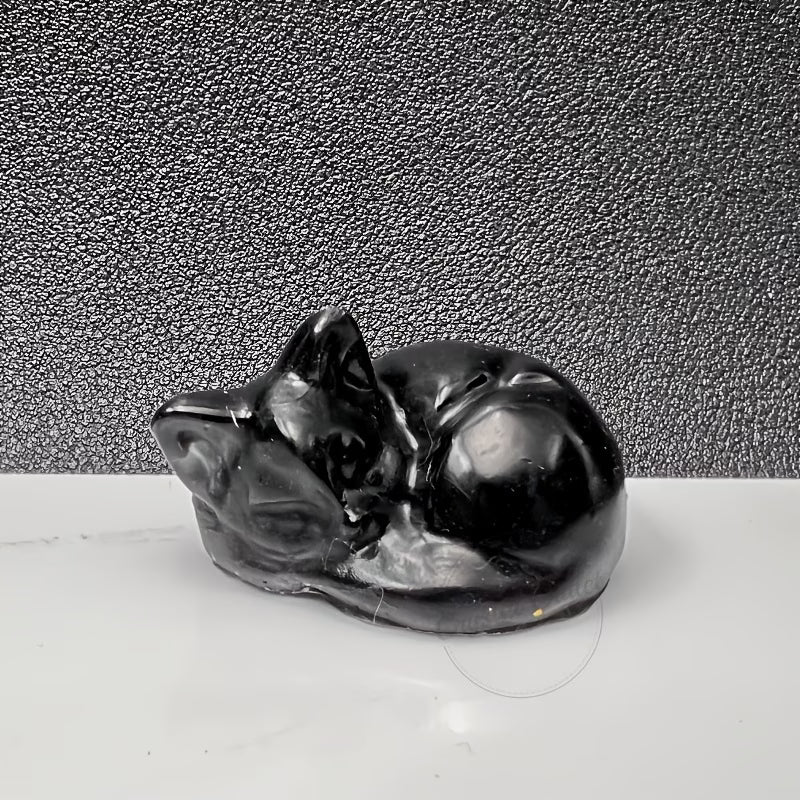 Chaton Endormi en Résine & Obsidienne