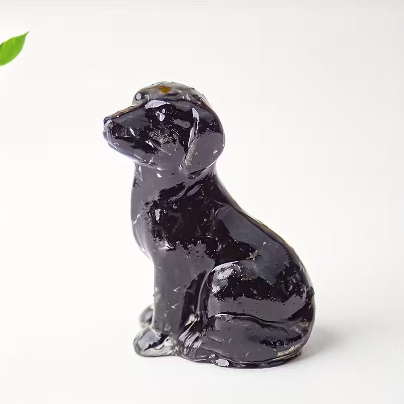 Chien Assis en Résine & Obsidienne