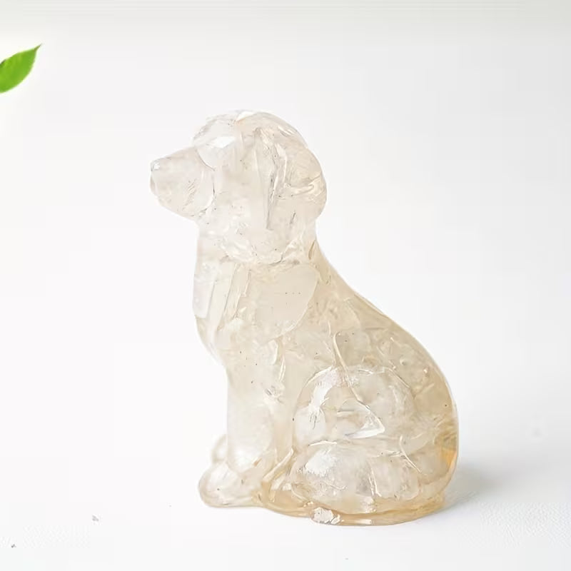 Chien Assis en Résine & Quartz Blanc
