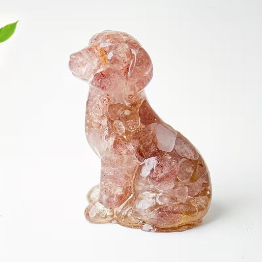 Chien Assis en Résine & Quartz Fraise