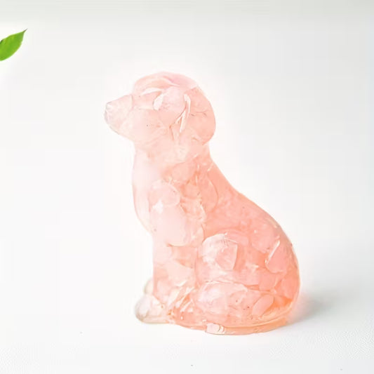 Chien Assis en Résine & Quartz Rose