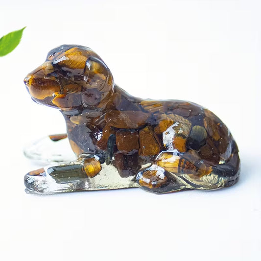 Chien Couché en Résine & Oeil de Tigre