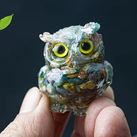 Hibou en Résine & Jaspe Océanique | Petit